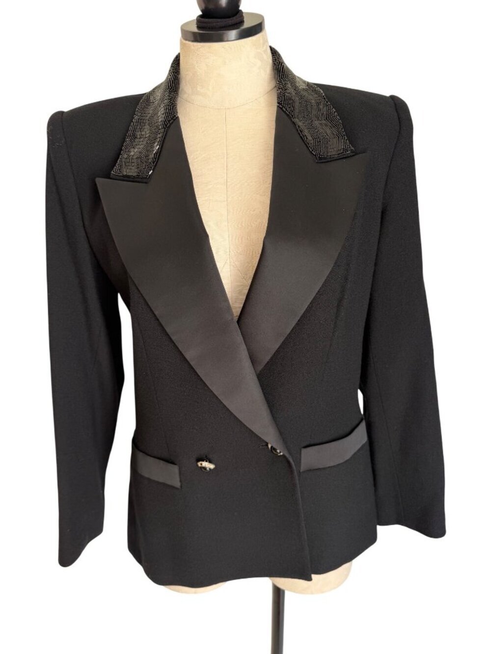Sassco Womens Double Breasted Tuxedo-style Beaded Blazer Size M Black Vintage